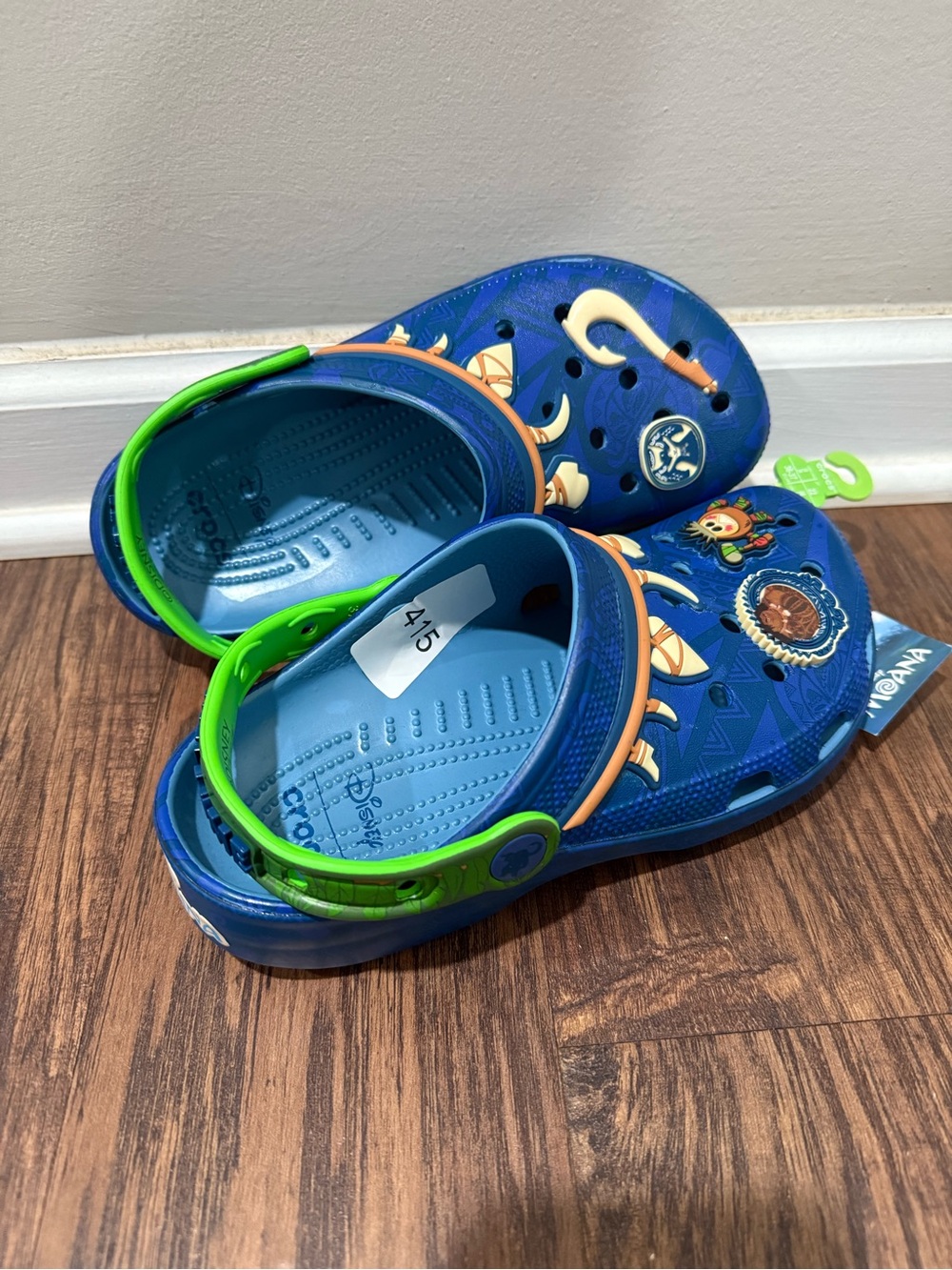 CROCS Blue Kids Clog Sandals with Green Heel Strap and Character Accents